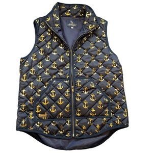 Simply Southern Quilted Full Zip Vest Navy With Metallic Gold Anchors Size Large